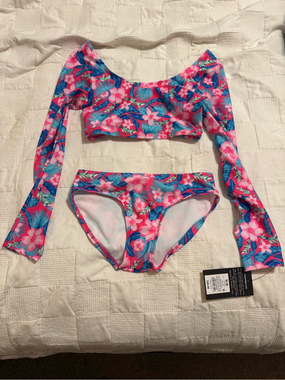 Kids Floral Long Sleeve Two-Piece Swim Set - Pink & Blue 8 (M)